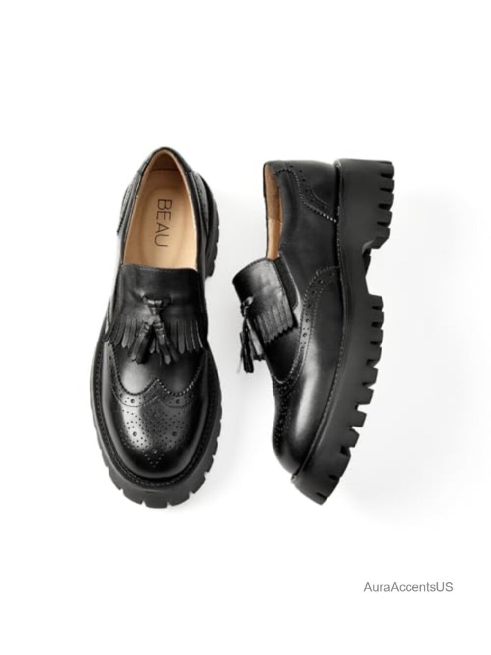 Women's Leather Platform Loafers Chunky Lug Sole Tassel Slip On